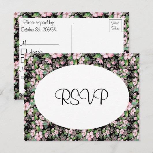 Cherry Blossom op Black Wedding RSVP Briefkaart (Voorkant / Achterkant)