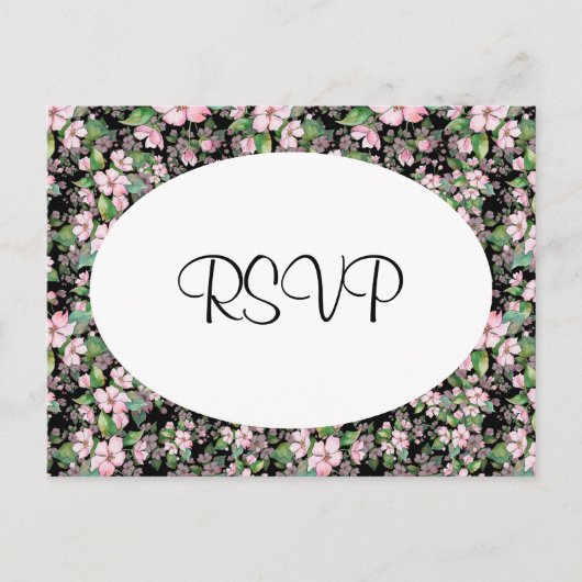 Cherry Blossom op Black Wedding RSVP Briefkaart (Voorkant)