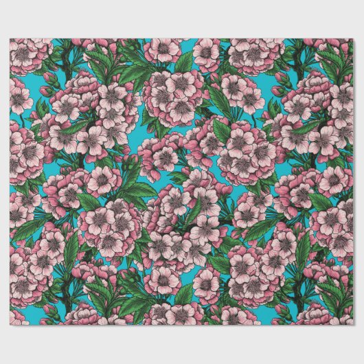 Cherry Blossom op blauw Cadeaupapier (Vlak)