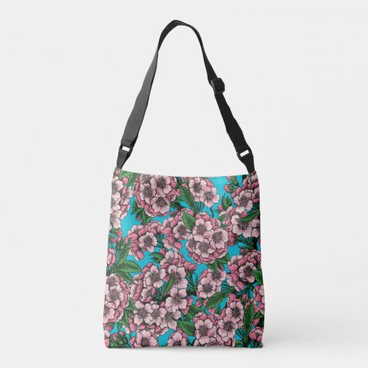 Cherry Blossom op blauw Crossbody Tas (Achterkant)