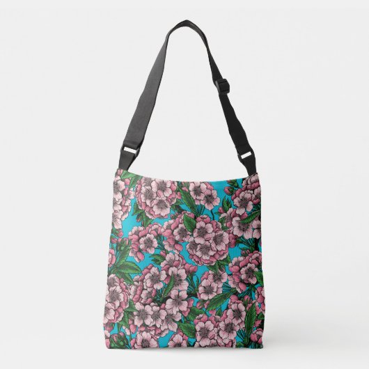 Cherry Blossom op blauw Crossbody Tas (Voorkant)
