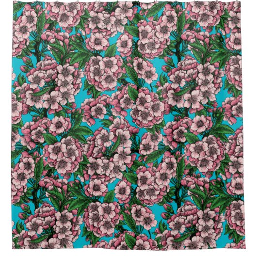 Cherry Blossom op blauw Douchegordijn (Voorkant)