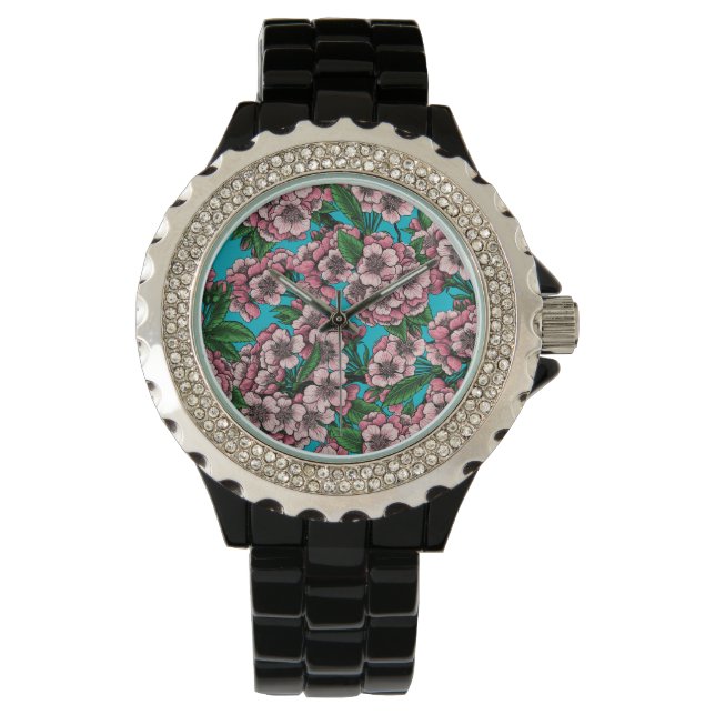 Cherry Blossom op blauw Horloge (Voorkant)