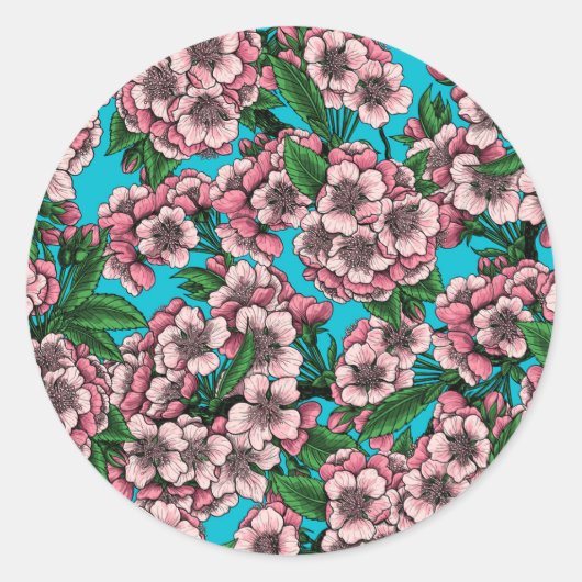 Cherry Blossom op blauw Ronde Sticker (Voorkant)