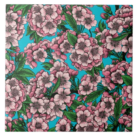 Cherry Blossom op blauw Tegeltje (Voorkant)