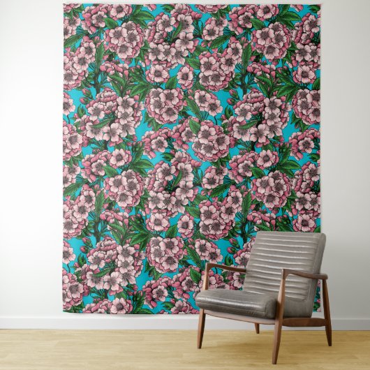 Cherry Blossom op blauw Wandkleed (In situ)