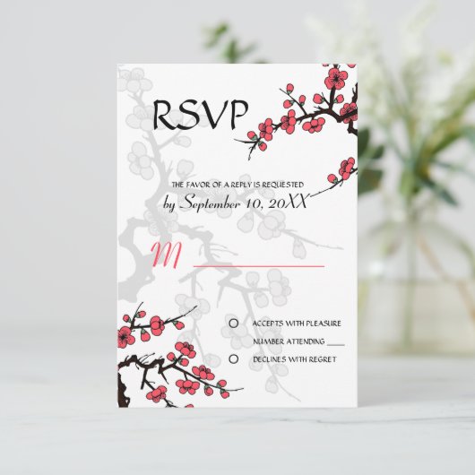 Cherry Blossom Oriental RSVP-uitnodiging RSVP Kaartje (Staand voorkant)