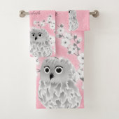 Cherry Blossom Owl White roze Glitter Monogram Bad Handdoek (Insitu)