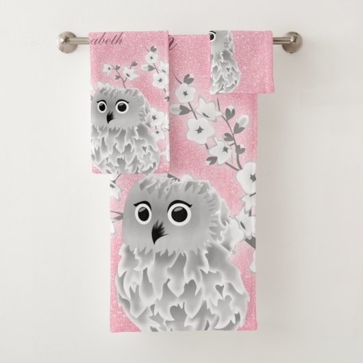 Cherry Blossom Owl White roze Glitter Monogram Bad Handdoek (Insitu)