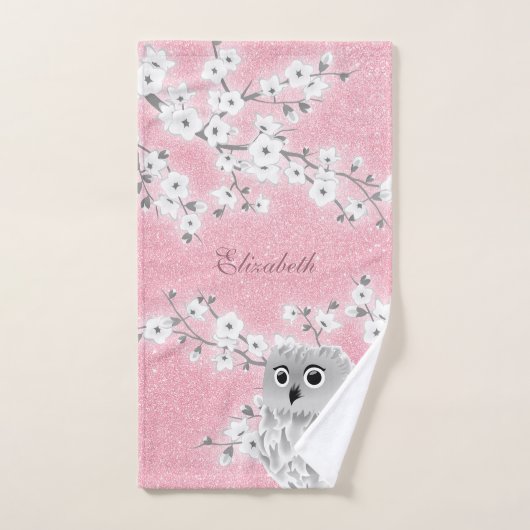 Cherry Blossom Owl White roze Glitter Monogram Bad Handdoek (Handdoek)