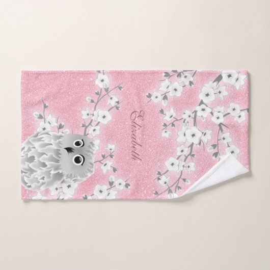 Cherry Blossom Owl White roze Glitter Monogram Bad Handdoek (Handdoek)