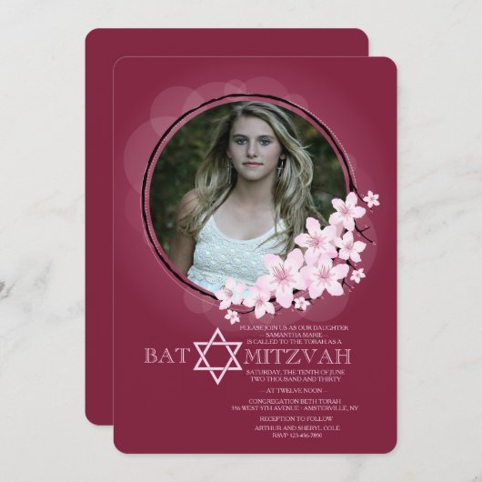 Cherry Blossom Photo Bat Mitswa Uitnodiging (Voorkant / Achterkant)