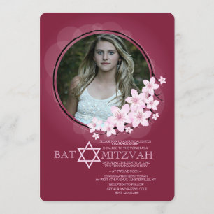 Cherry Blossom Photo Bat Mitzvah Invitation Kaart