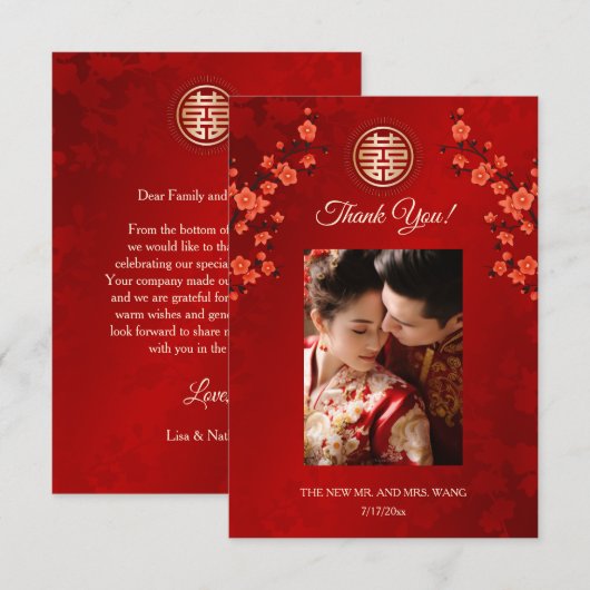 Cherry Blossom Photo Chinese Wedding Bedankkaart (Voorkant / Achterkant)