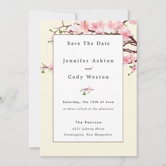 Cherry Blossom PHOTO Pink White Wedding Save The Date (Voorkant)