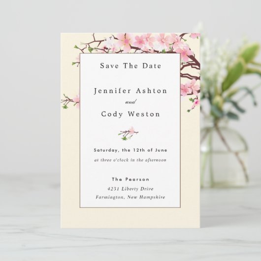 Cherry Blossom PHOTO Pink White Wedding Save The Date (Staand voorkant)