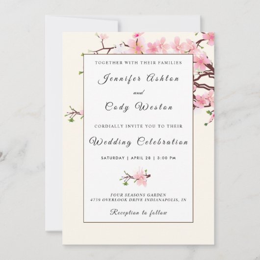 Cherry Blossom Pink Beige Wedding Kaart (Voorkant)