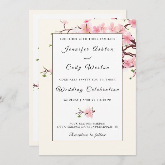 Cherry Blossom Pink Beige Wedding Kaart (Voorkant / Achterkant)