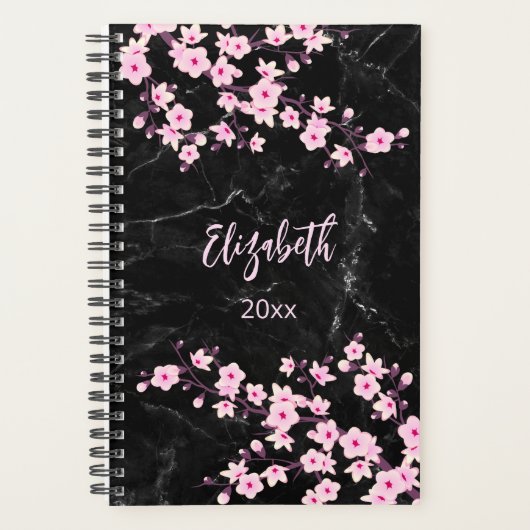 Cherry Blossom Pink Black Marmer Custom Planner (Voorkant)