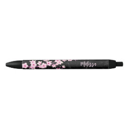 Cherry Blossom Pink Black Marmer Monogram Zwarte Inkt Pen