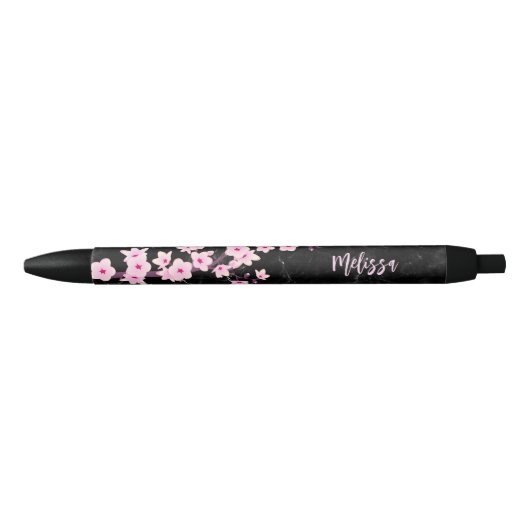 Cherry Blossom Pink Black Marmer Monogram Zwarte Inkt Pen (Voorkant)
