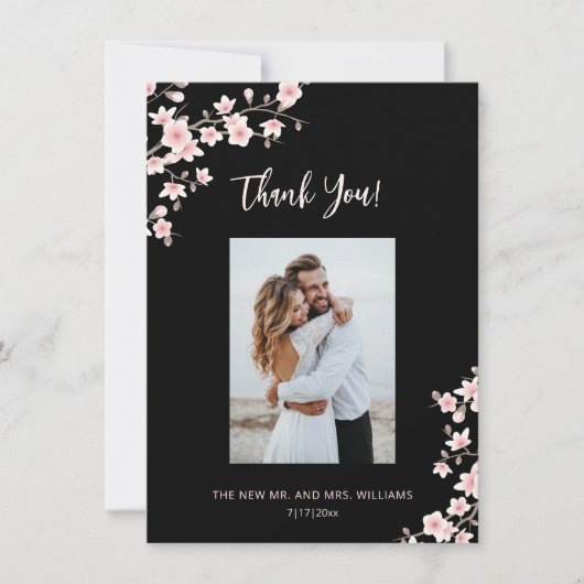 Cherry Blossom Pink Black Wedding Thank You Bedankkaart (Voorkant)