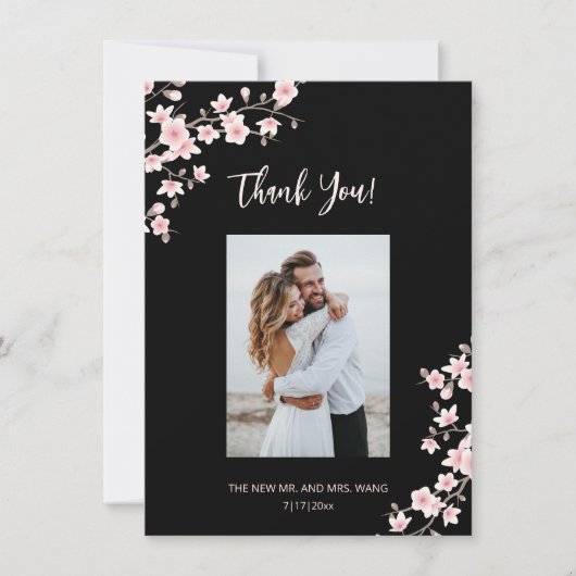 Cherry Blossom Pink Black Wedding Thank You Bedankkaart (Voorkant)