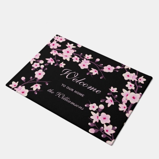 Cherry Blossom Pink Black Welkom Familienaam Naam Deurmat (Schuin)