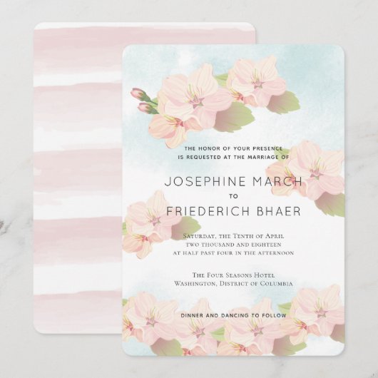 Cherry Blossom Pink Blue Waterverf Uitnodiging (Voorkant / Achterkant)