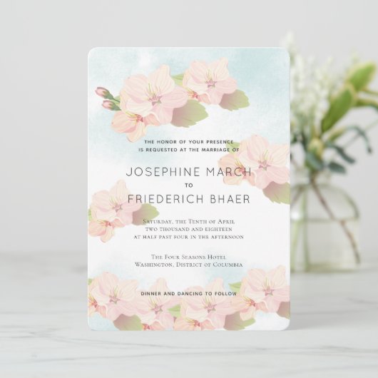 Cherry Blossom Pink Blue Waterverf Uitnodiging (Staand voorkant)