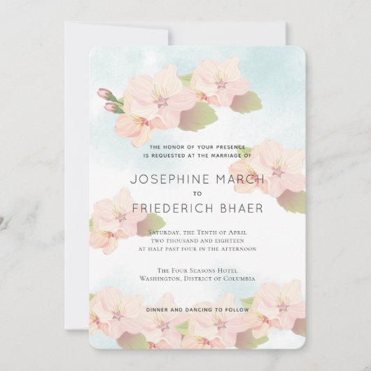 Cherry Blossom Pink Blue Waterverf Uitnodiging (Voorkant)