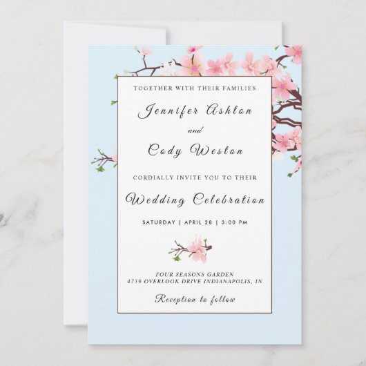 Cherry Blossom Pink Blue Wedding Kaart (Voorkant)