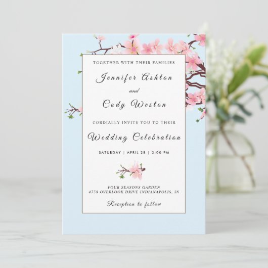 Cherry Blossom Pink Blue Wedding Kaart (Staand voorkant)