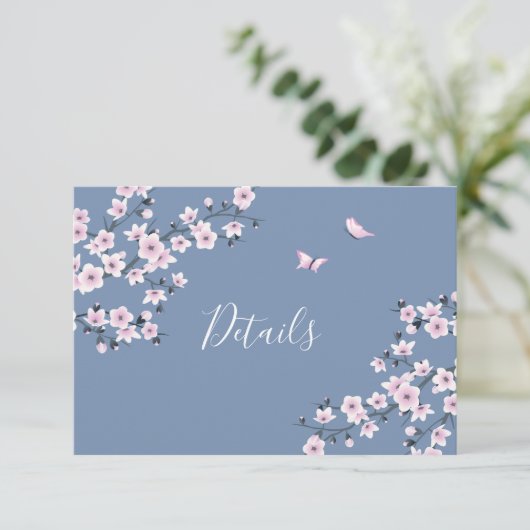 Cherry Blossom Pink Dusty Blue Wedding Details Informatiekaartje (Staand voorkant)