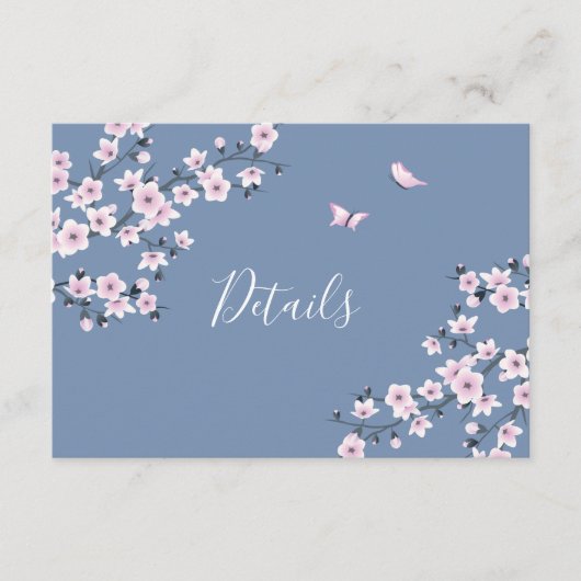 Cherry Blossom Pink Dusty Blue Wedding Details Informatiekaartje (Voorkant)