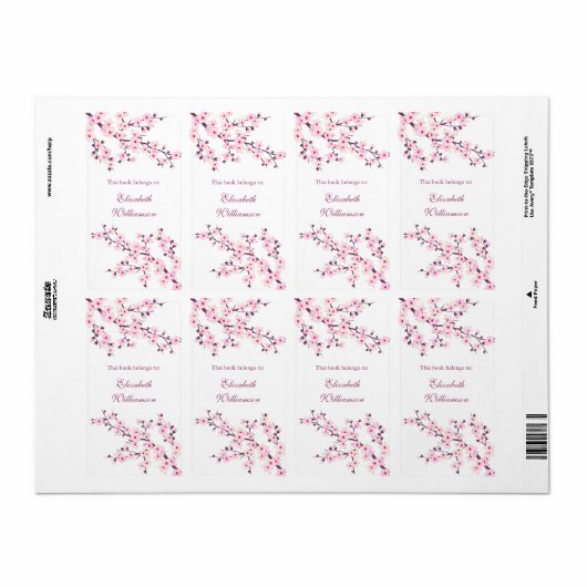 Cherry Blossom Pink Floral Bookplate Etiket (Full Sheet)