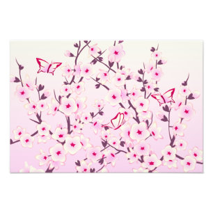 Cherry Blossom Pink Floral Butterflies Foto Afdruk