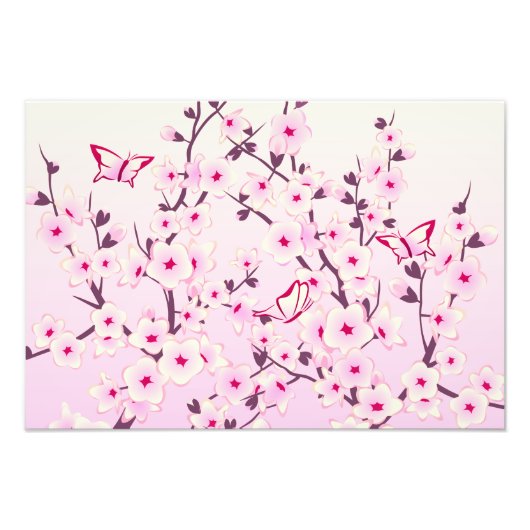 Cherry Blossom Pink Floral Butterflies Foto Afdruk (Voorkant)