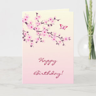 Cherry Blossom Pink Floral Happy Birthday Kaart