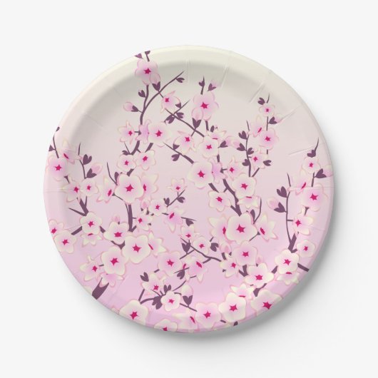 Cherry Blossom Pink Floral Papieren Bordje (Voorkant)