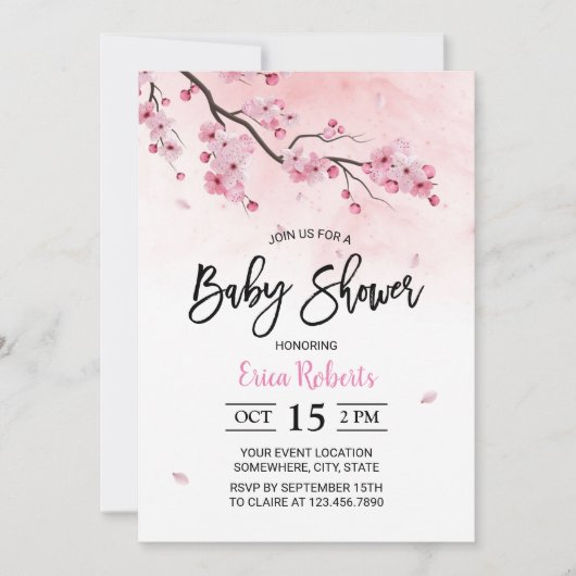 Cherry Blossom Pink Floral Waterverf Baby shower Kaart (Voorkant)