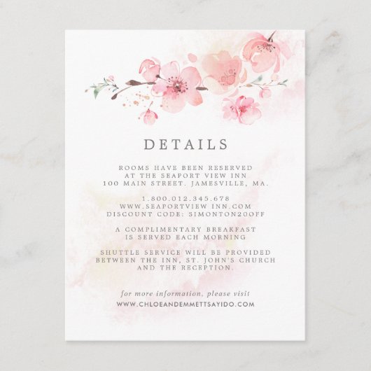 Cherry Blossom Pink Floral Wedding Guest Details E Informatiekaartje (Voorkant)