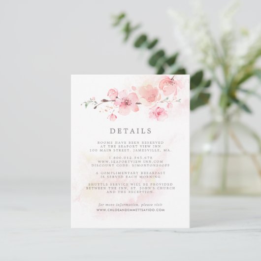 Cherry Blossom Pink Floral Wedding Guest Details E Informatiekaartje (Staand voorkant)