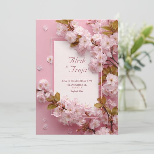 Cherry Blossom Pink Floral Wedding Kaart (Staand voorkant)