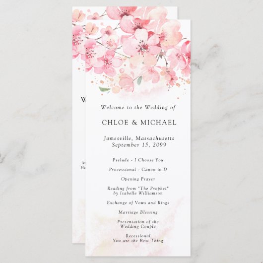 Cherry Blossom Pink Floral Wedding Programmakaart (Voorkant / Achterkant)