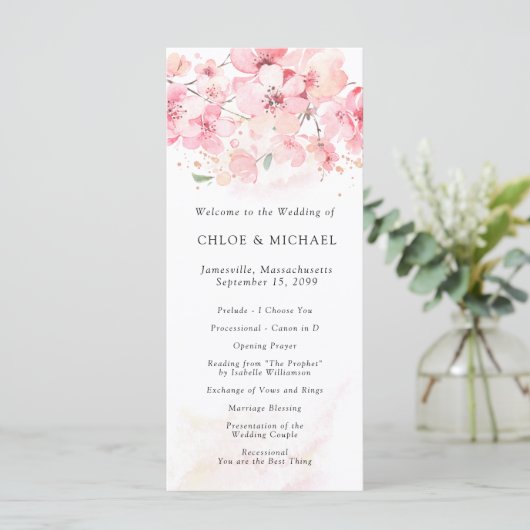 Cherry Blossom Pink Floral Wedding Programmakaart (Staand voorkant)