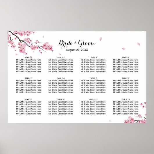 Cherry Blossom Pink Floral Wedding Seding Chart Poster (Voorkant)