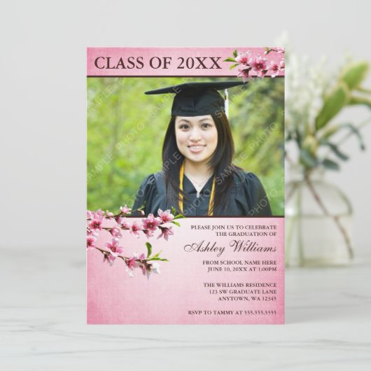 Cherry Blossom  Pink Foto Afstuderen Kaart (Staand voorkant)