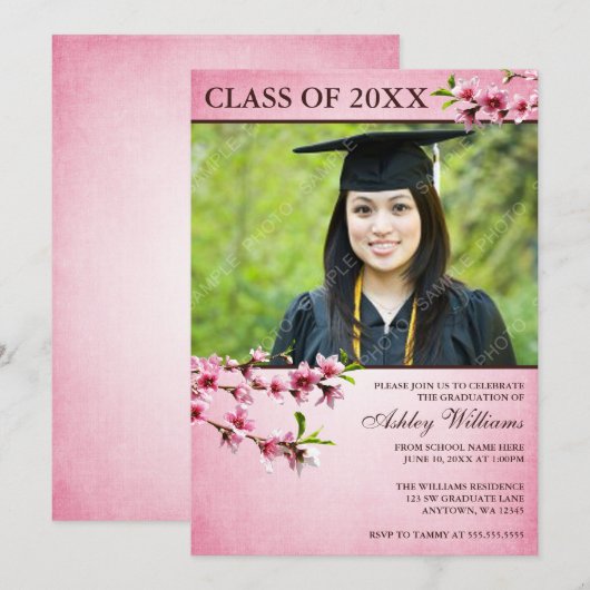 Cherry Blossom  Pink Foto Afstuderen Kaart (Voorkant / Achterkant)