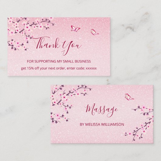 Cherry Blossom Pink Glitter Bedankt Visitekaartje (Voorkant / Achterkant)
